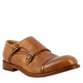Men's elegant vintage beige double buckle shoe in leather
